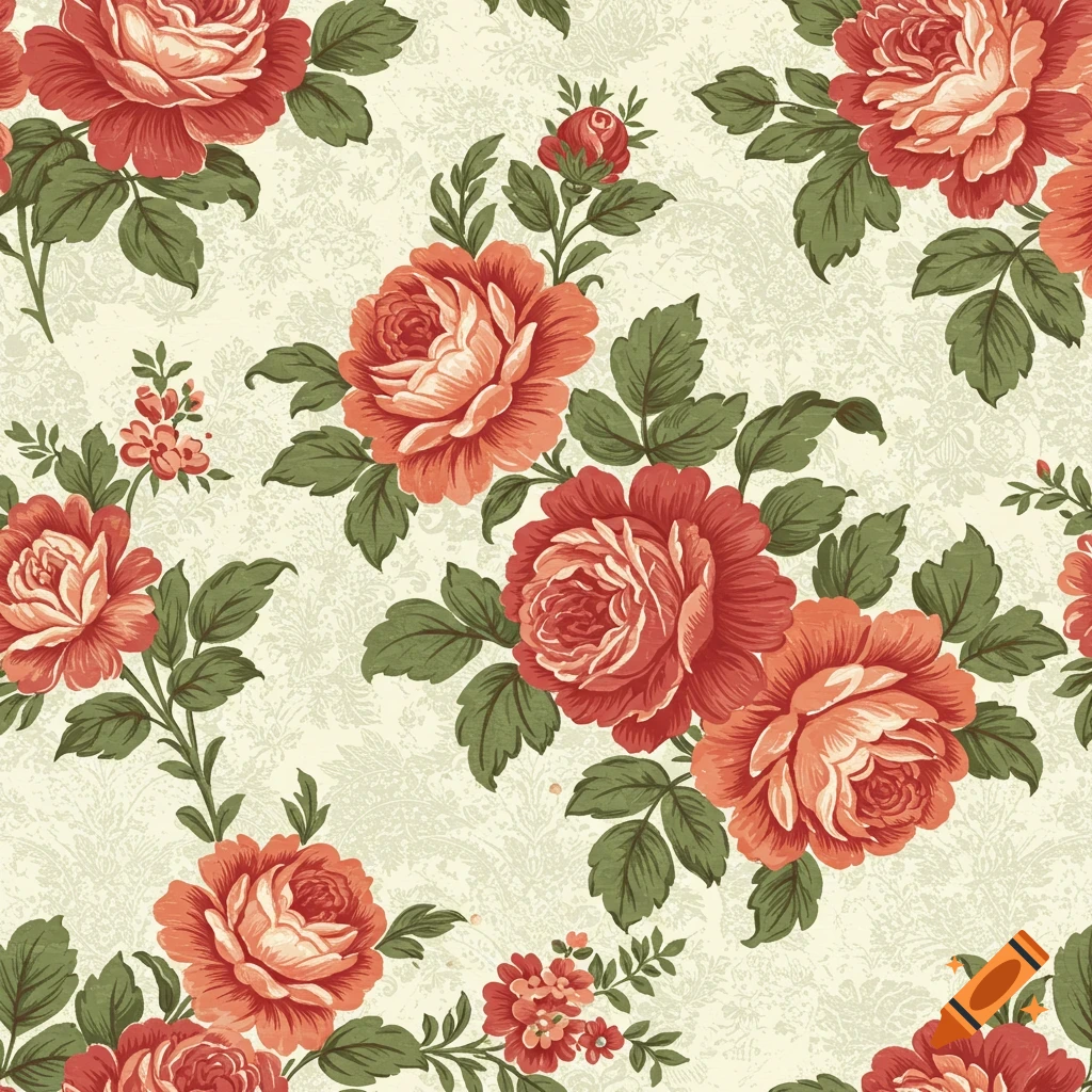 Seamless pattern of red and pink roses and green leaves on a textured background.