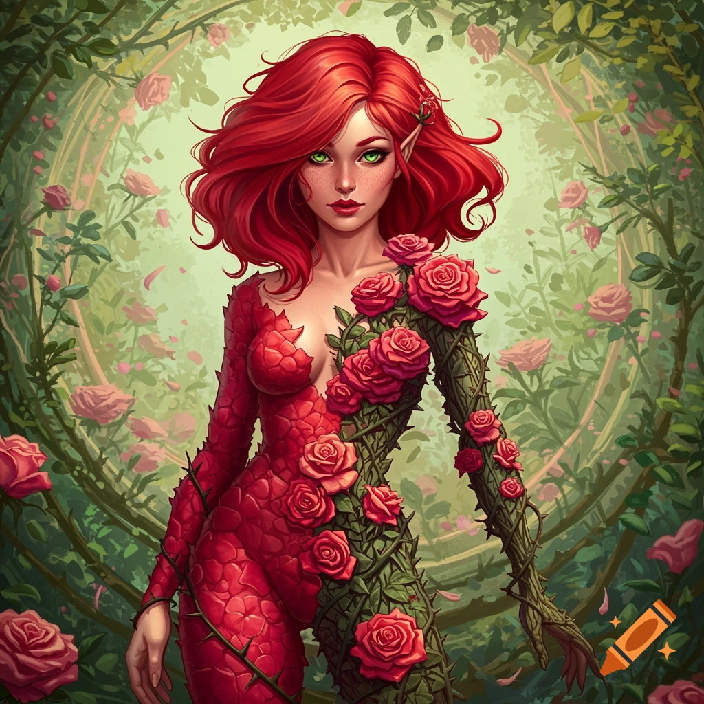 A red-haired woman in a rose dress stands in a lush garden, rendered in the Art Nouveau style.
