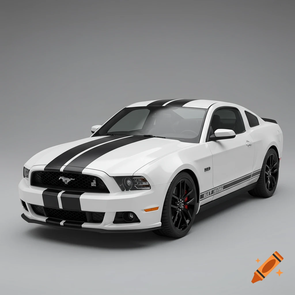A white 2014 Ford Mustang with black racing stripes on a grey background.