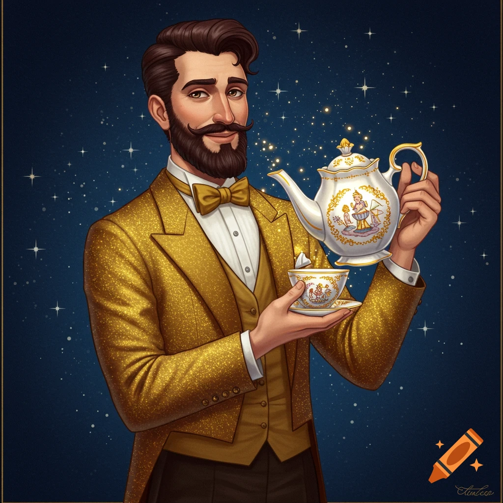 Illustration of a man in a gold tuxedo holding a teapot and teacup against a starry background.