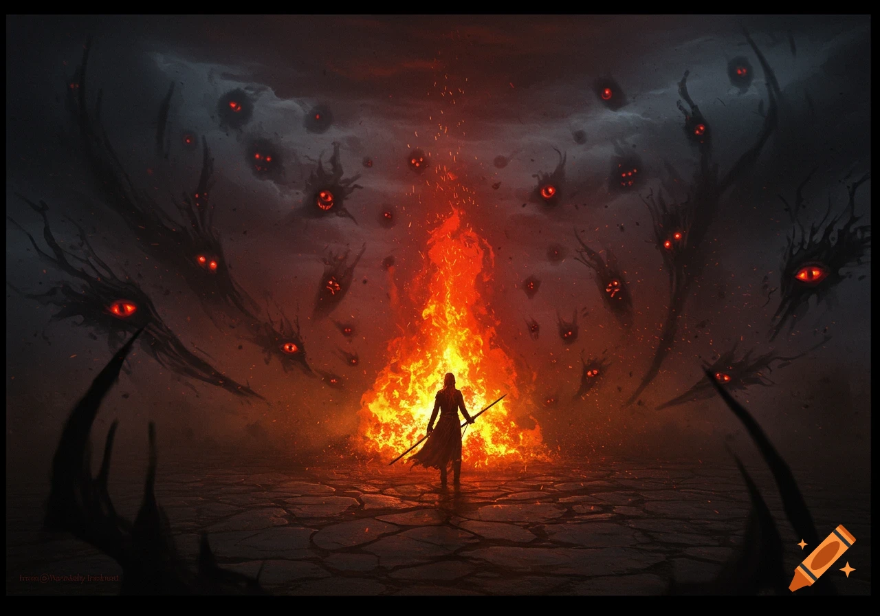A figure stands before a large fire, surrounded by shadowy monsters with red eyes in a dark, desolate landscape.