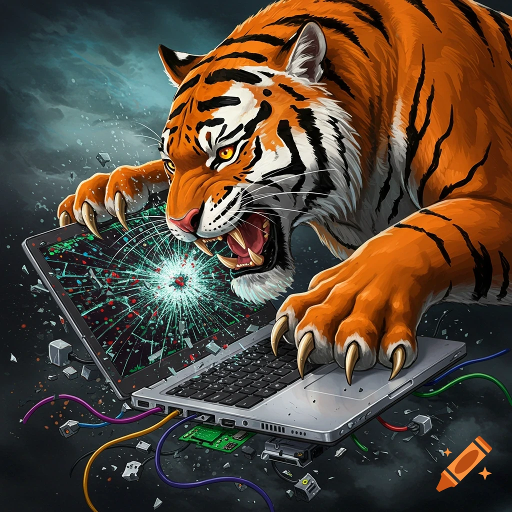 A ferocious tiger destroying a laptop with its claws.