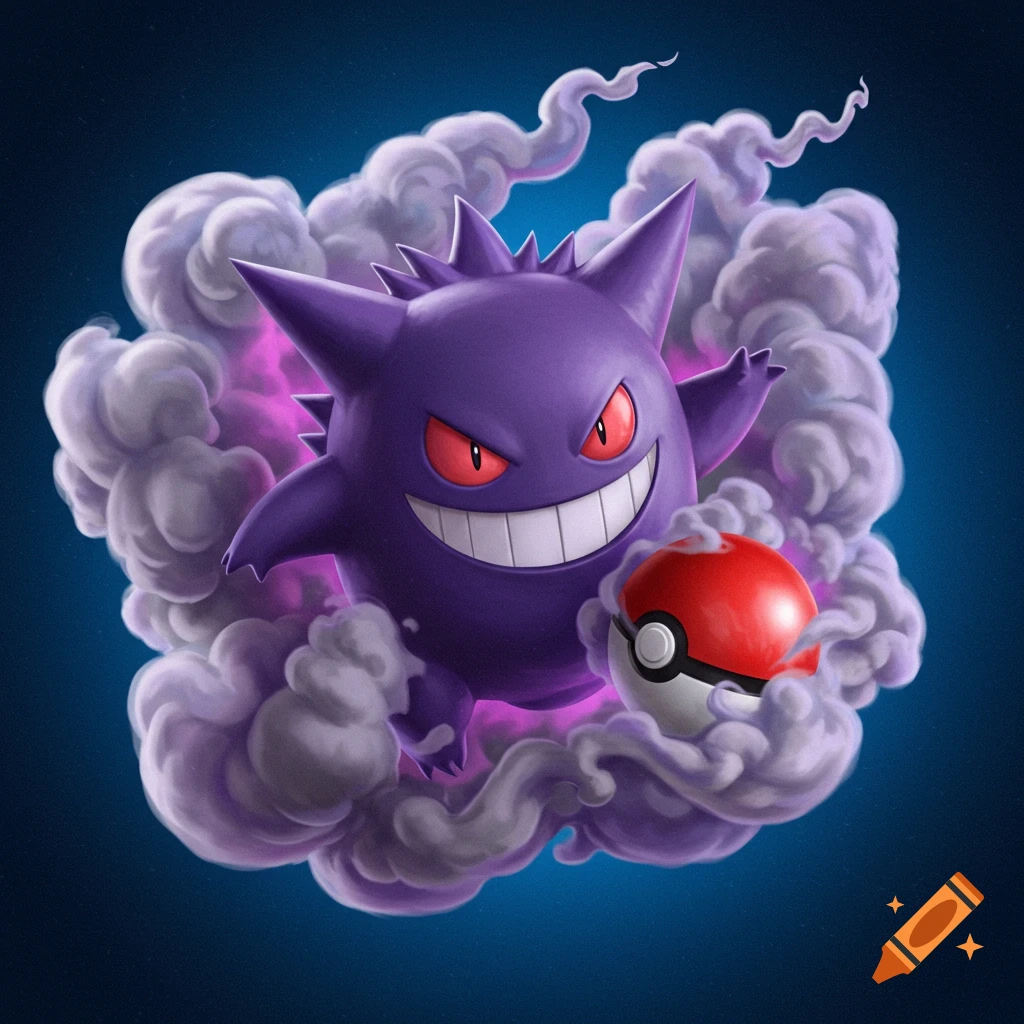Illustration of Gengar and a Pokeball surrounded by smoke.