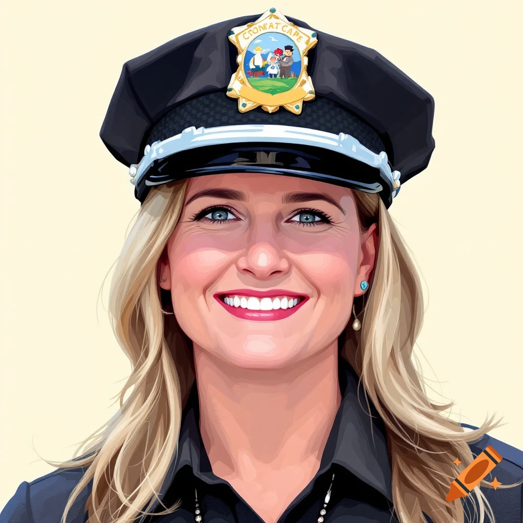 A portrait of a smiling woman in a police uniform.
