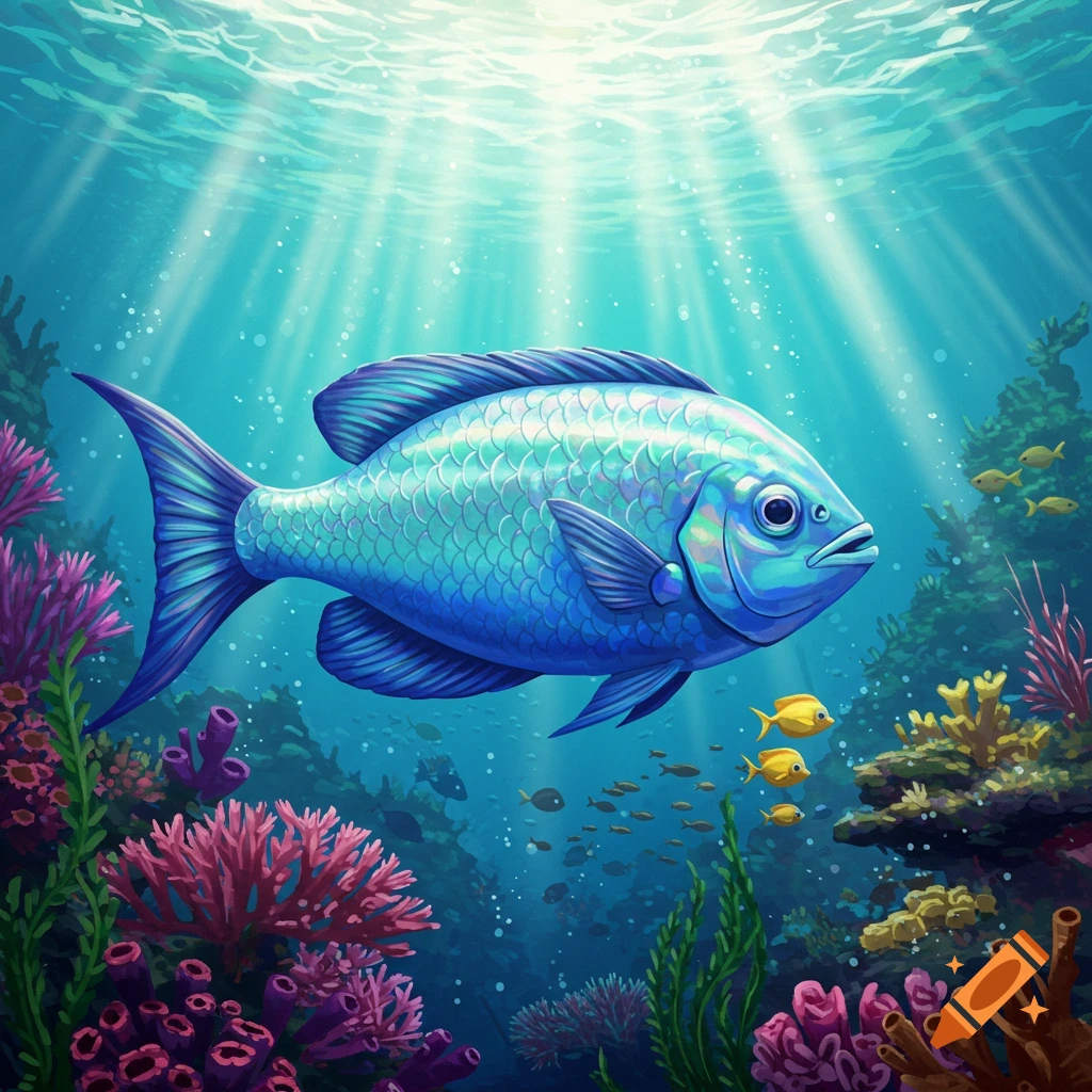 A large blue fish swims in a colorful coral reef with sunlight streaming from the surface.
