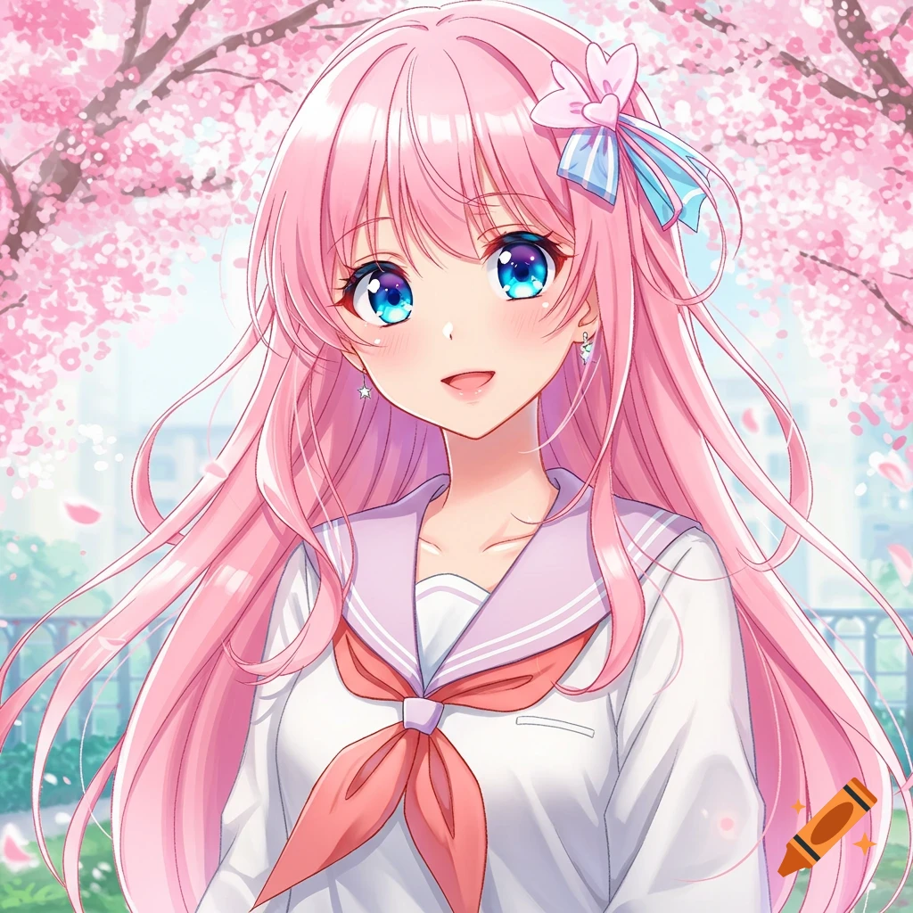 An anime girl with pink hair and blue eyes wears a school uniform under cherry blossom trees.