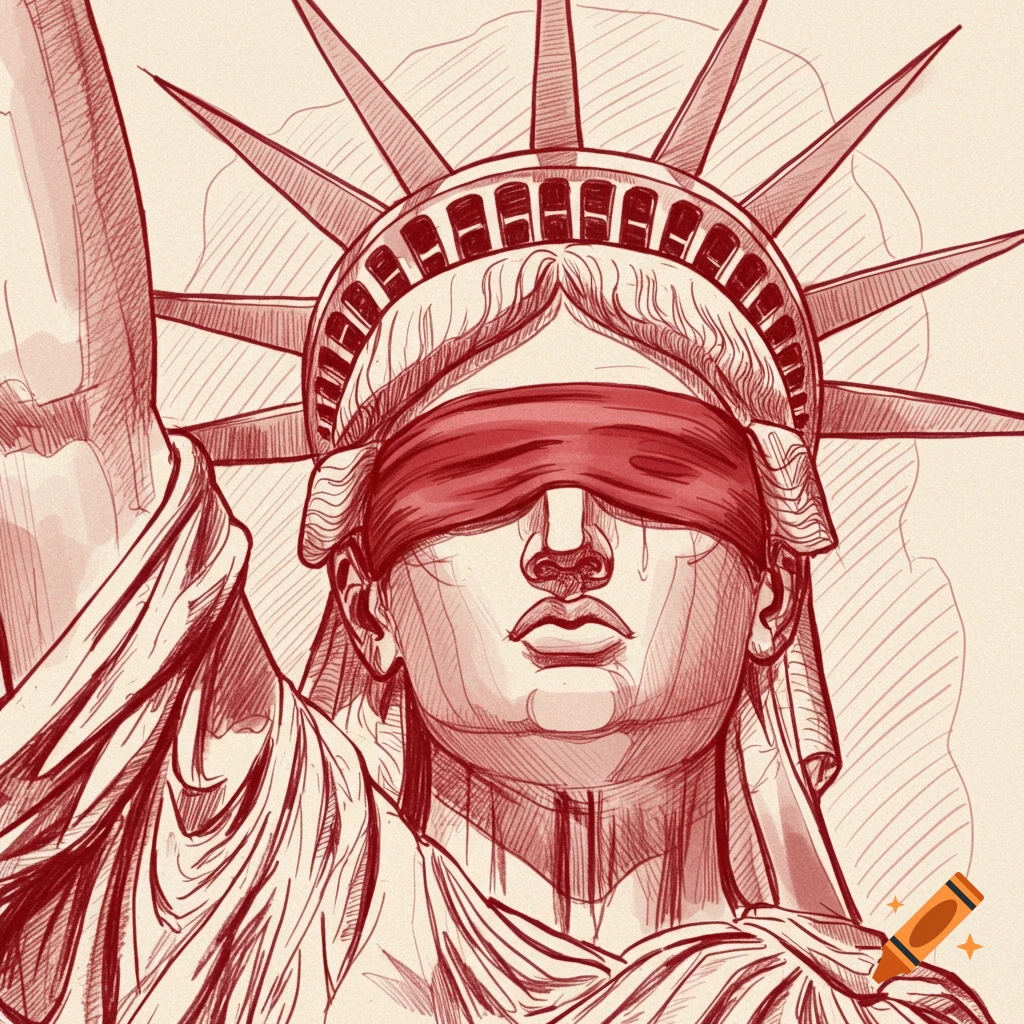 Sketch of the Statue of Liberty head with a blindfold in reddish ink