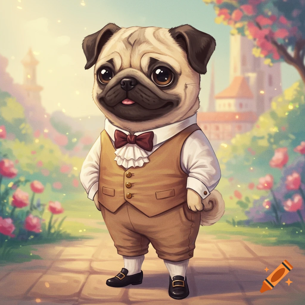 A cute pug dog dressed in a waistcoat and shorts standing in a garden.