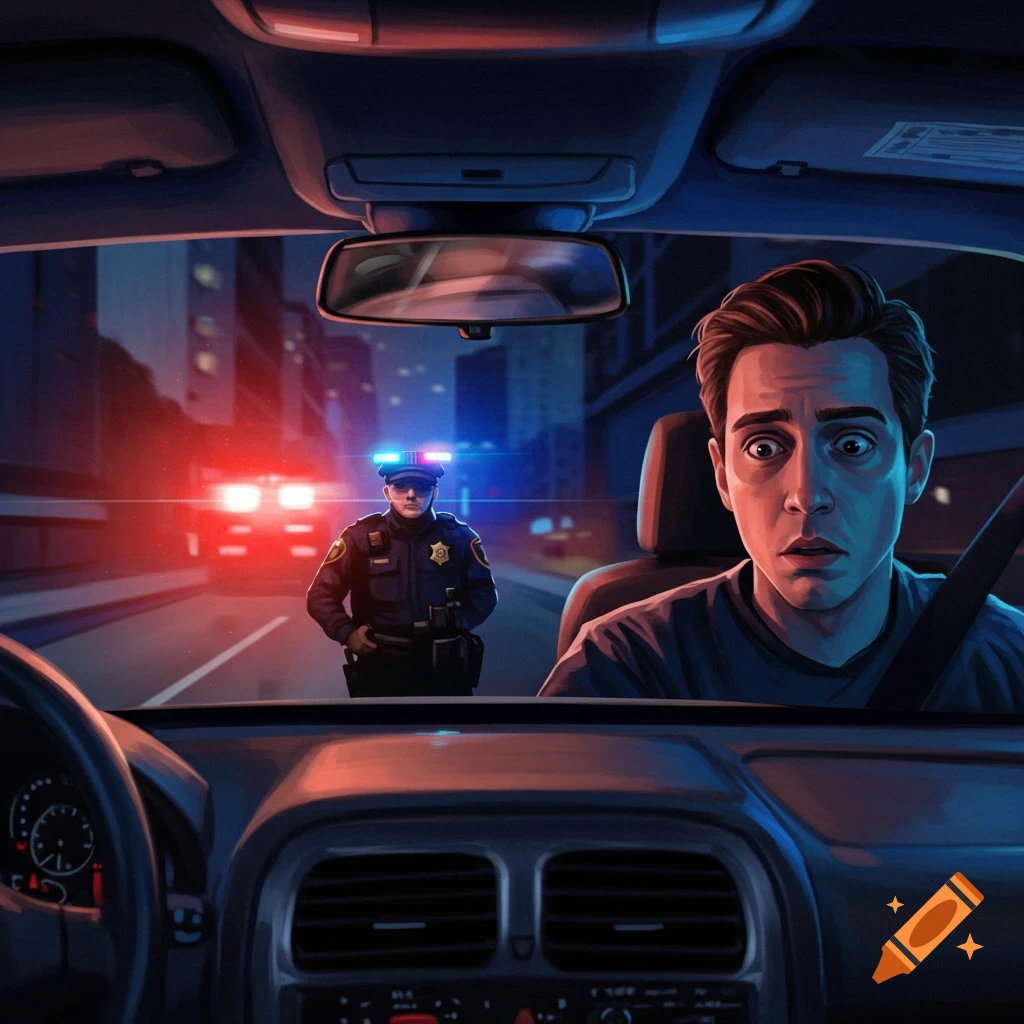 A scared driver looks at a police officer in front of their car at night with police lights flashing.