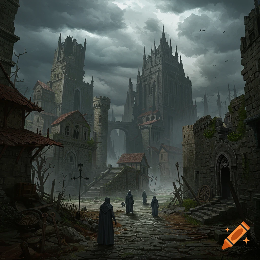A dark fantasy city with gothic buildings and robed figures walking under a stormy sky.