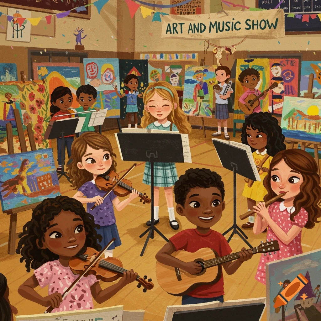 Illustration of diverse children playing music and displaying artwork at a school art and music show.