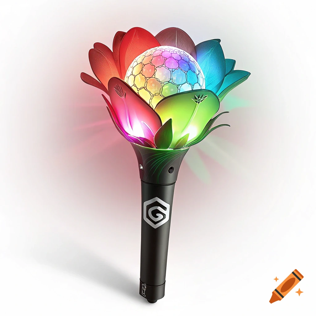 Black lightstick with rainbow petals, disco ball top, and white 'G' logo on handle against white background.