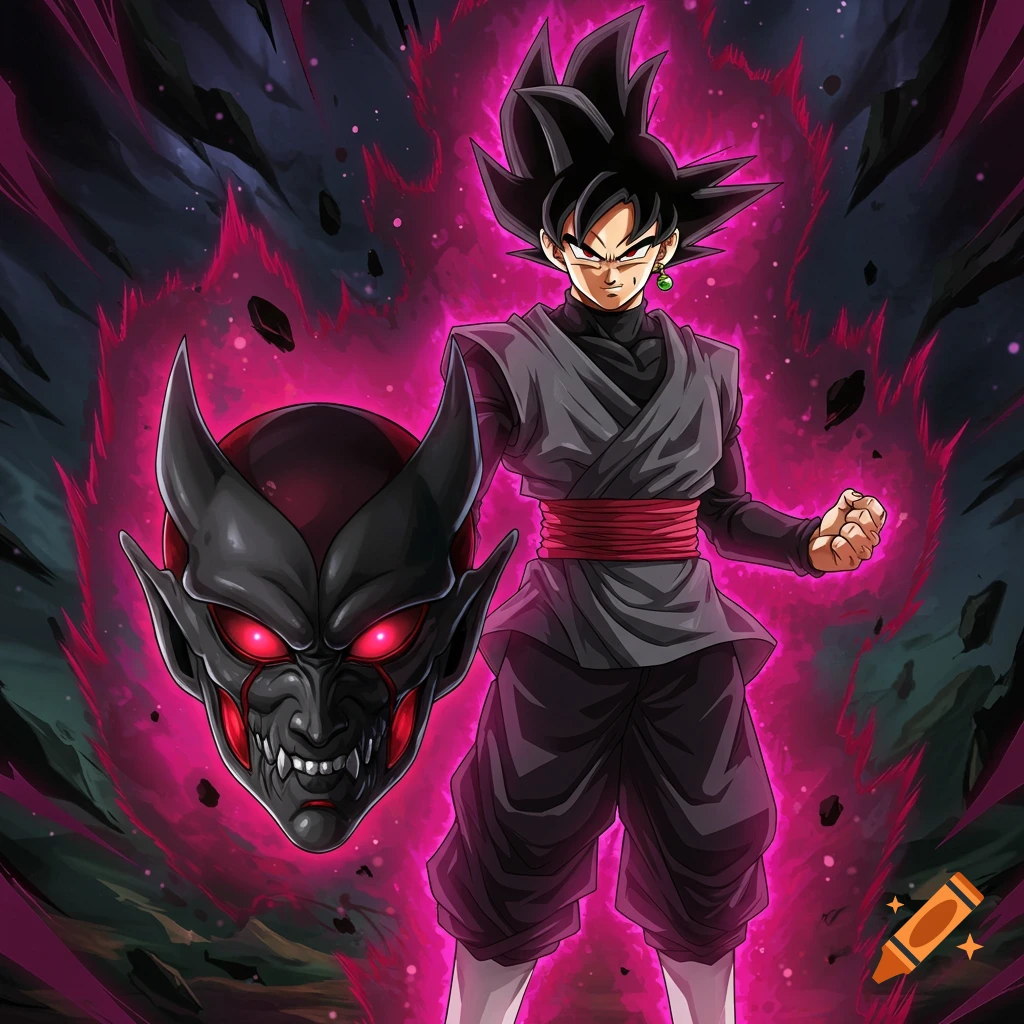 Anime illustration of Goku Black and a demonic mask surrounded by pink energy.