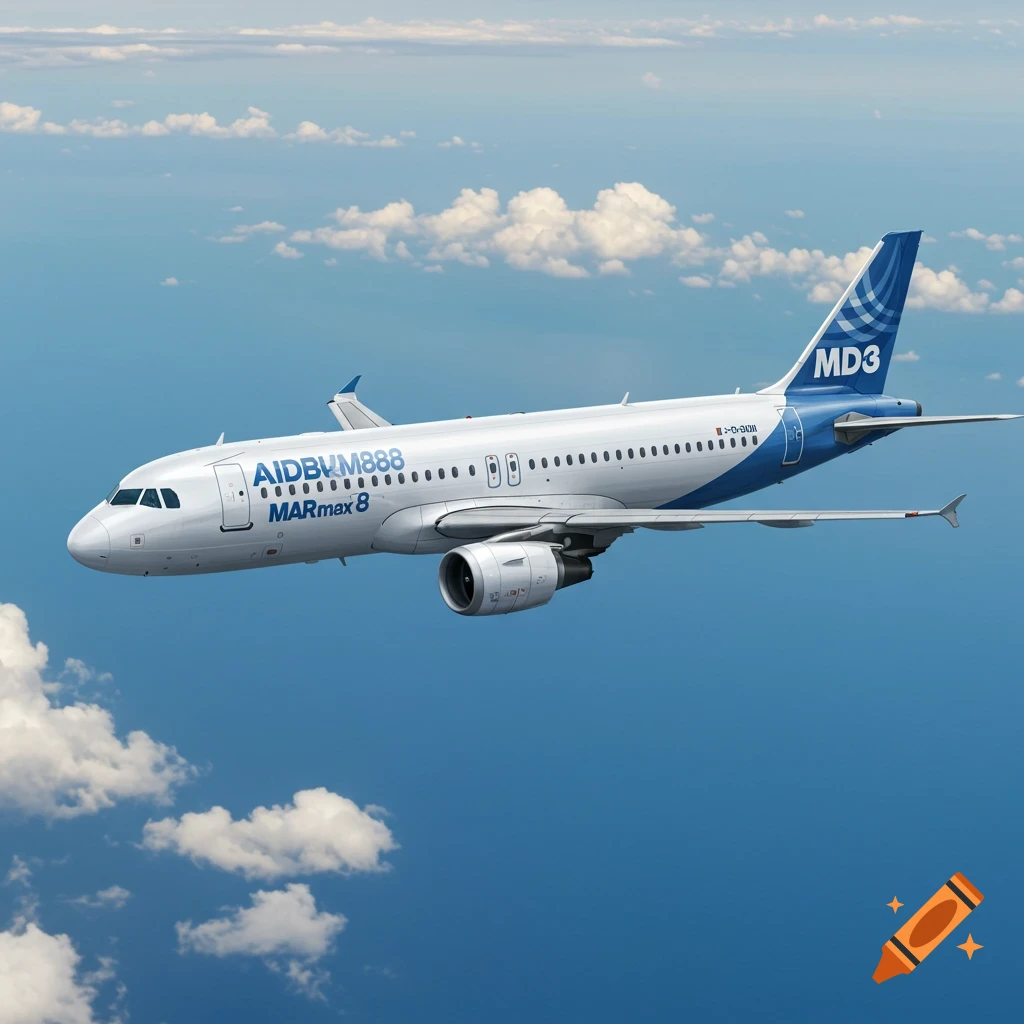 A white and blue airplane flies through a partly cloudy sky.