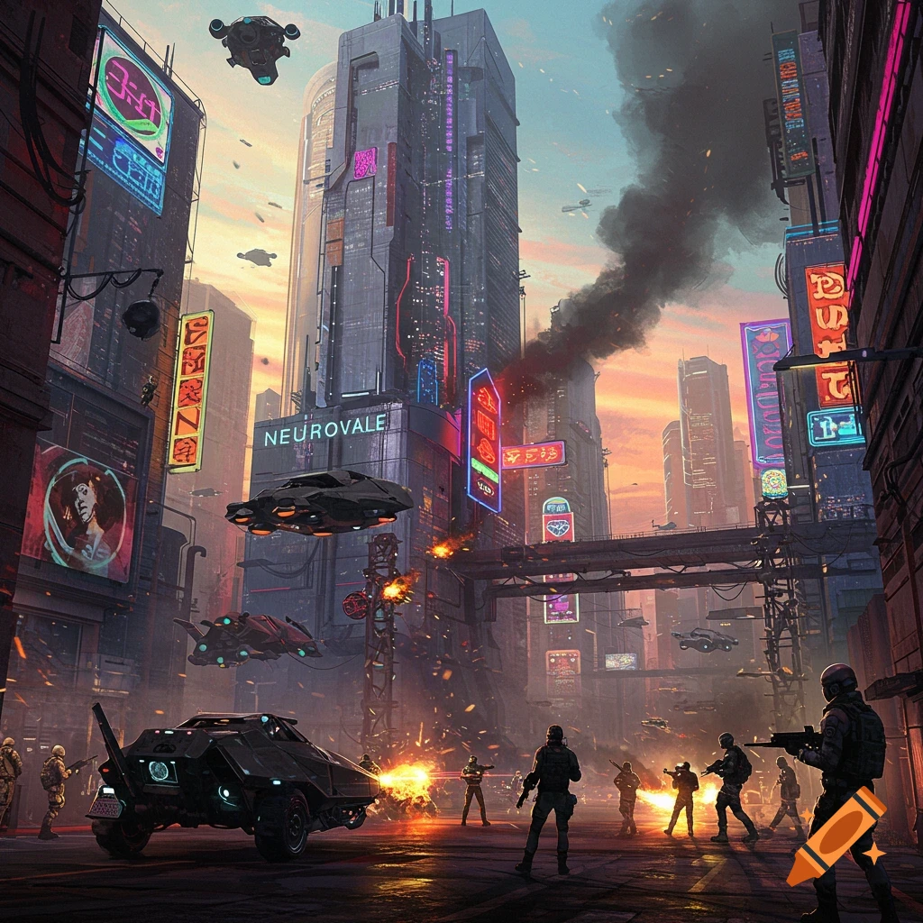 A futuristic city street battle with soldiers, vehicles, explosions, and a NEUROVALE sign.