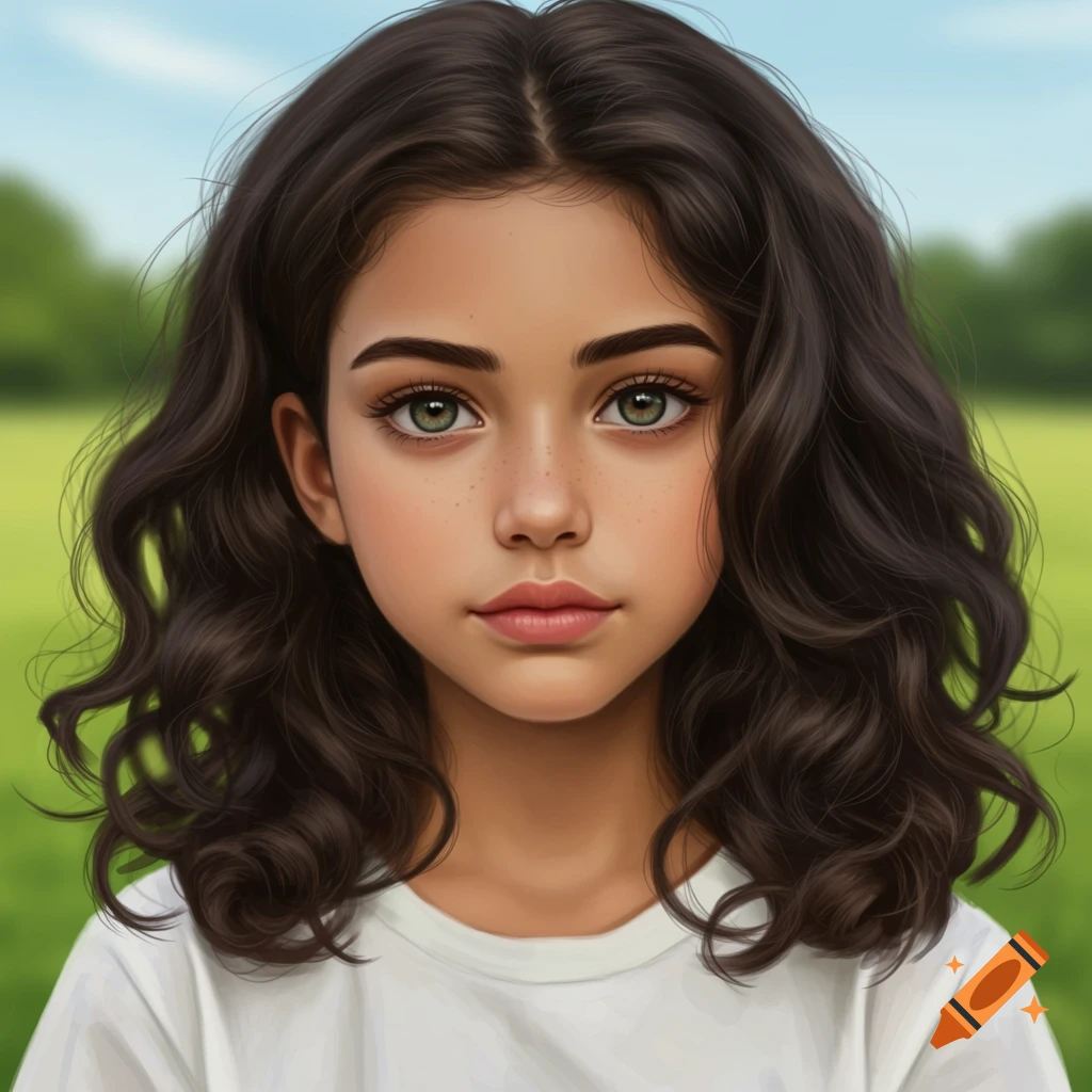 A young girl with dark wavy hair and green eyes in a meadow.