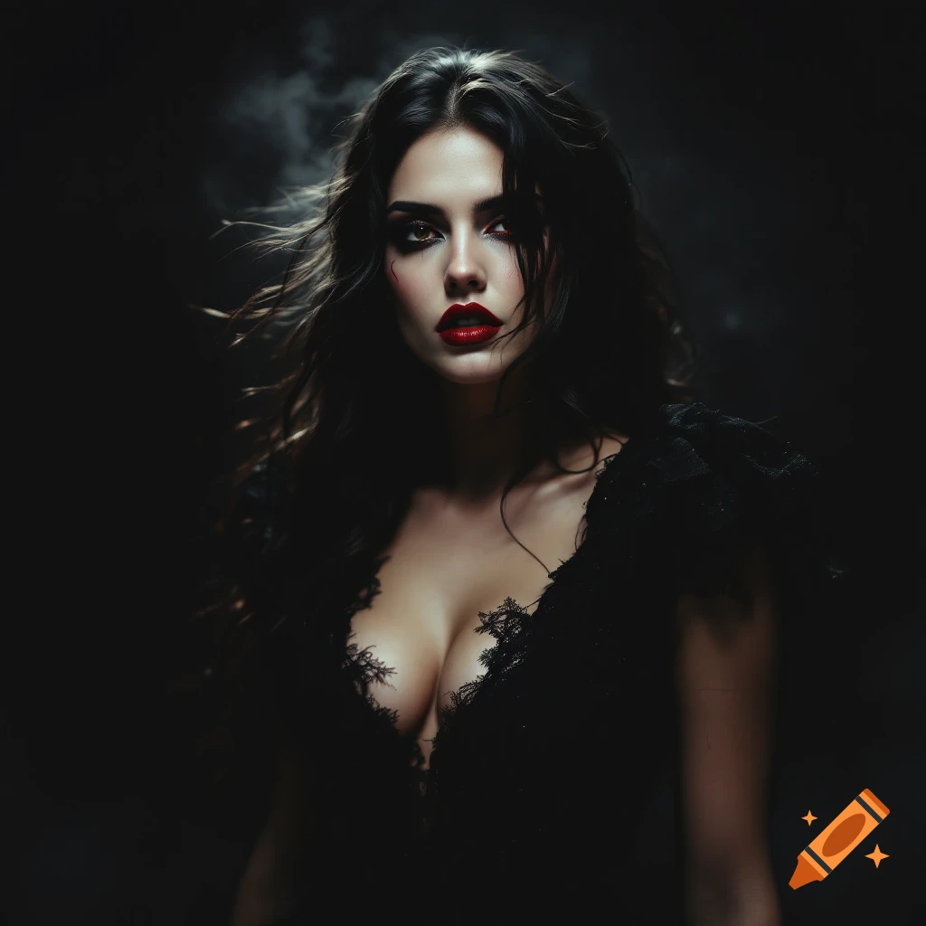 A woman dressed as a vampire with dark hair, red lips, and dramatic makeup in a low-cut black dress against a dark background.
