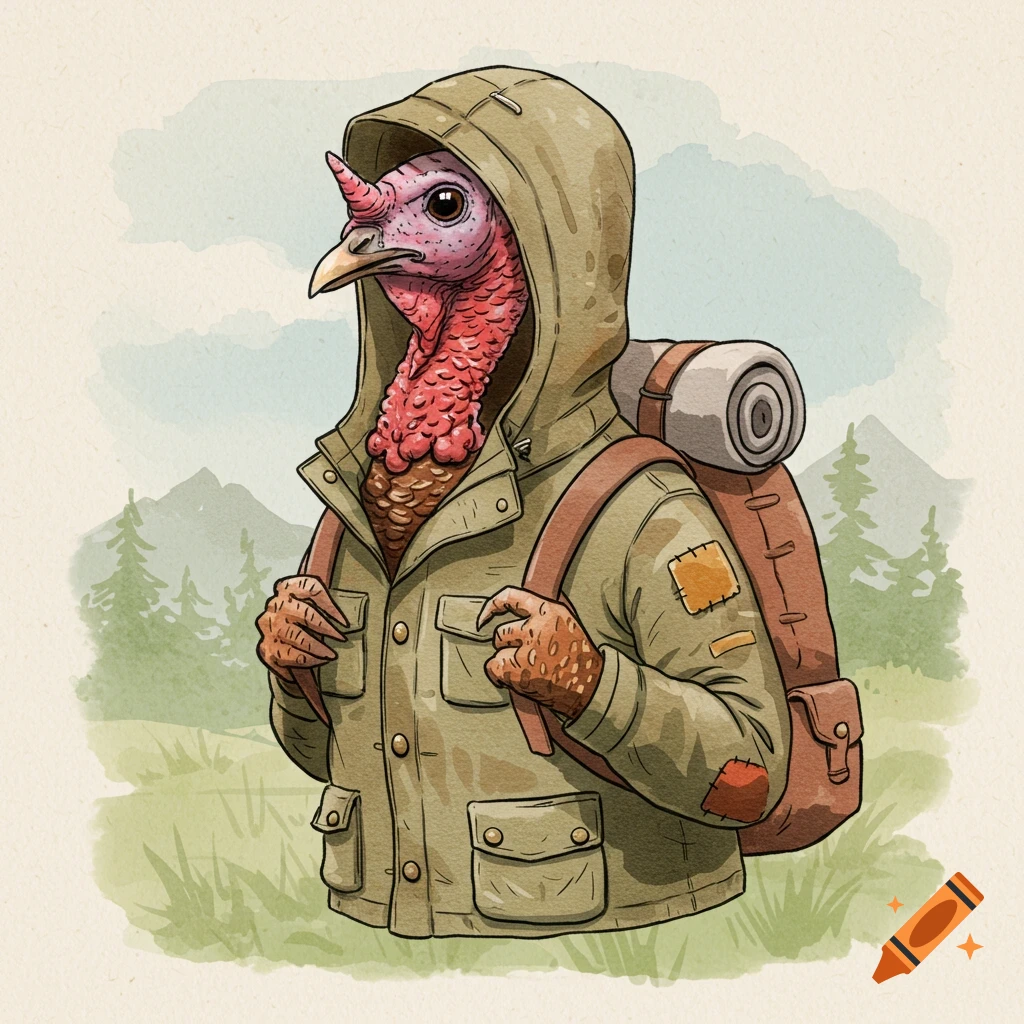A watercolor illustration of a turkey wearing a hiking parka and backpack in a mountain landscape.