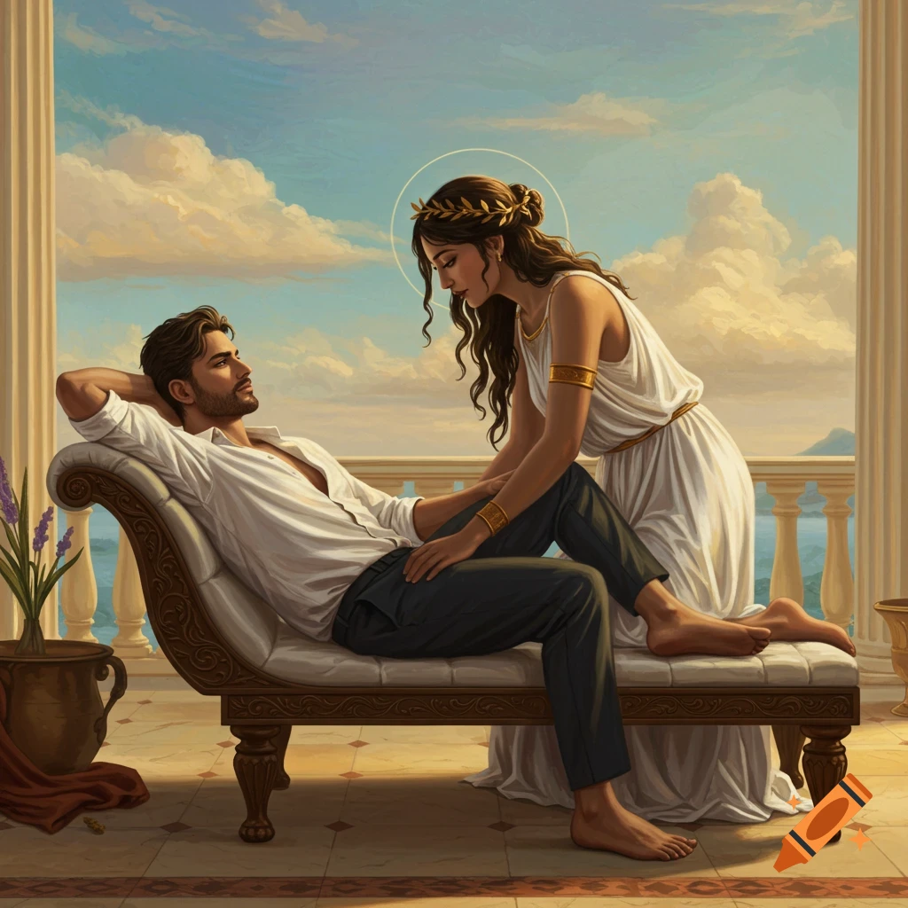 A man on a chaise lounge looking up at a woman in classical dress.