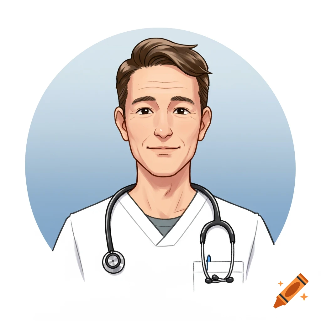 Profile icon of a smiling doctor with a stethoscope.