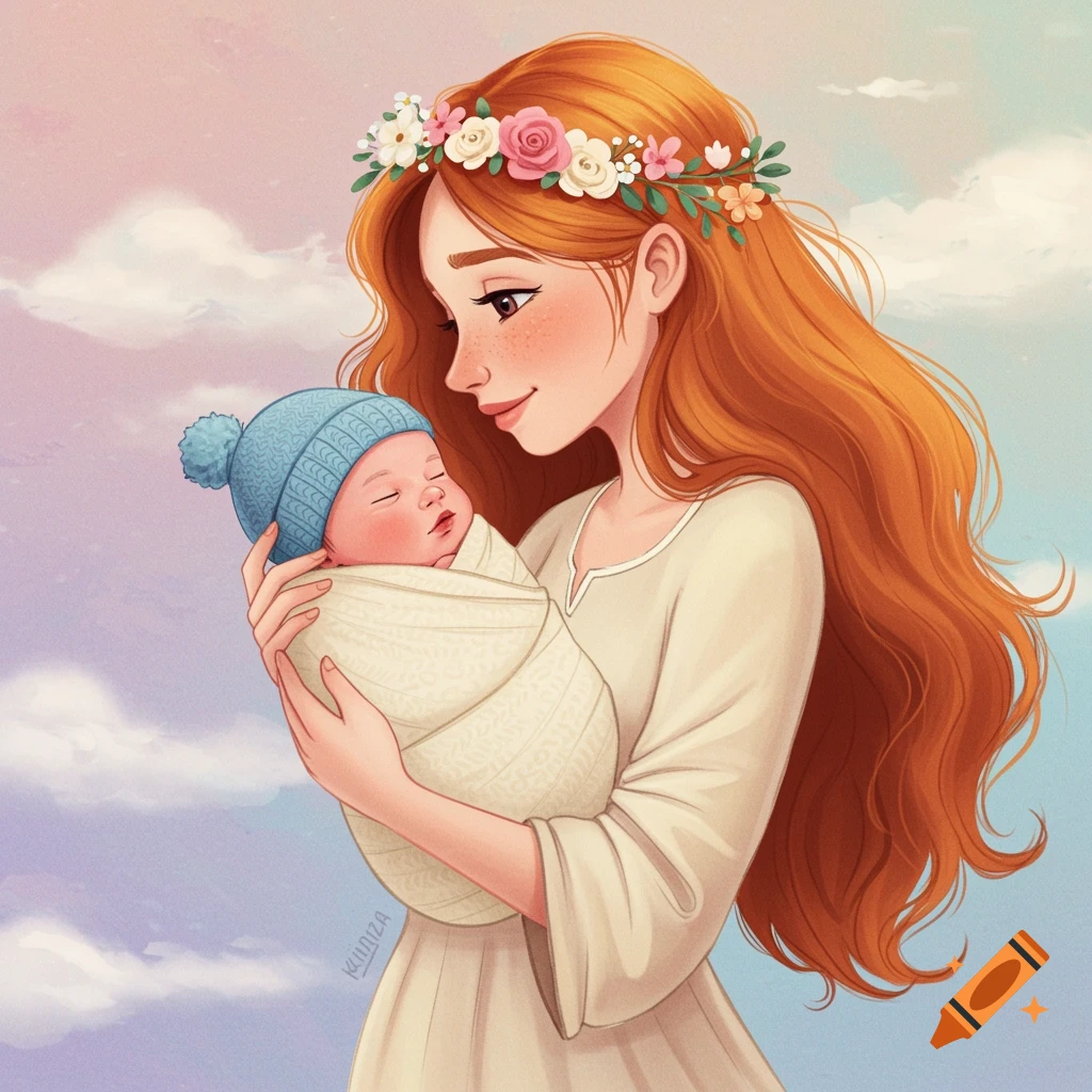 A mother gently holding a sleeping baby, with flowers in her hair, against a cloudy sky.