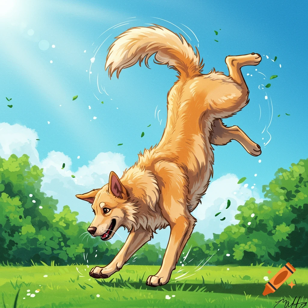 A golden dog is captured mid-air, leaping joyfully in a vibrant green field. Tall trees stand in the background, reaching towards a clear blue sky.