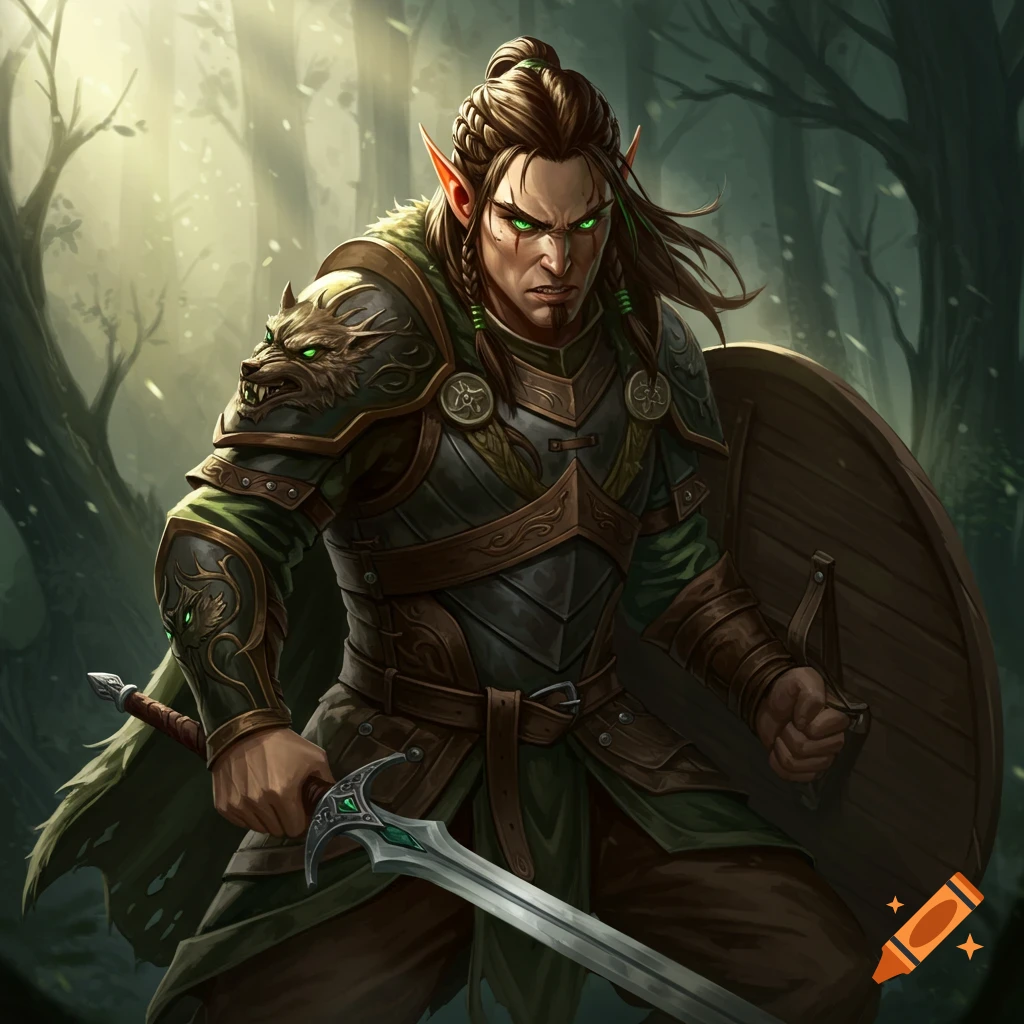 A mean-looking wood elf fighter in armor holds a sword and shield in a forest.