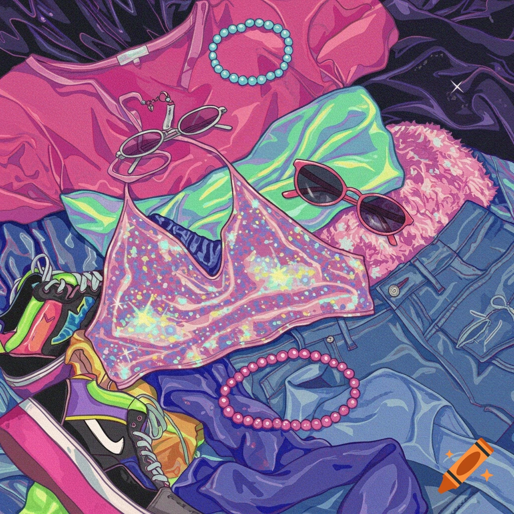 A pile of bright Y2K fashion clothes including a sparkly pink top, jeans, sneakers, and sunglasses.