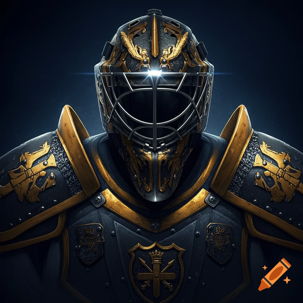 Close-up of knight armor with a hockey goalie mask.