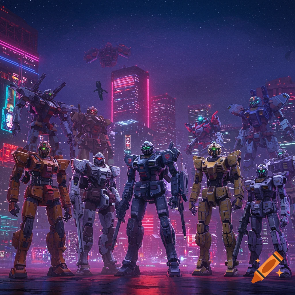 A group of giant mecha robots stands in a futuristic city lit by neon lights at night.