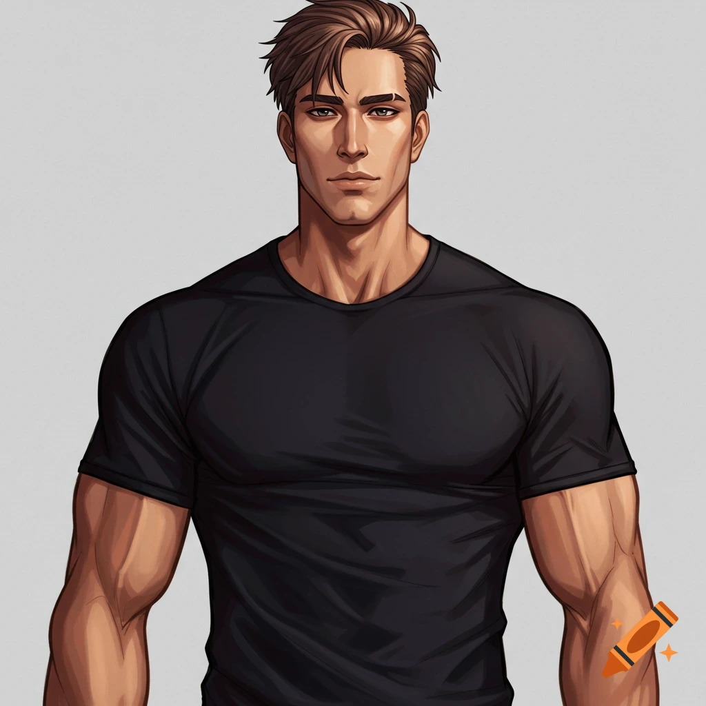 Anime portrait of a muscular man in a black t-shirt.