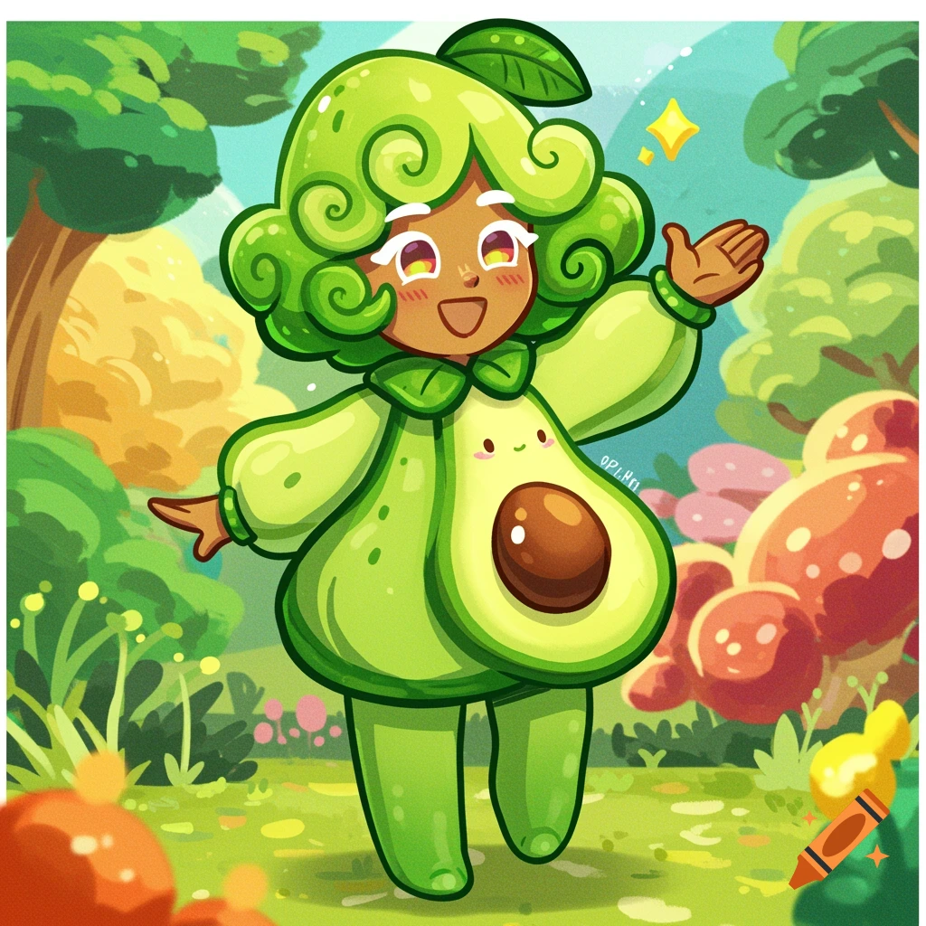 Cartoon character dressed as an avocado stands in a whimsical forest, smiling and waving.