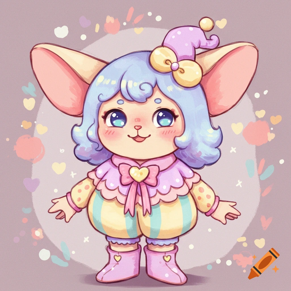 Cute cartoon character with large pink ears, blue hair, pink and yellow striped clothes, and pink boots, surrounded by pastel hearts.