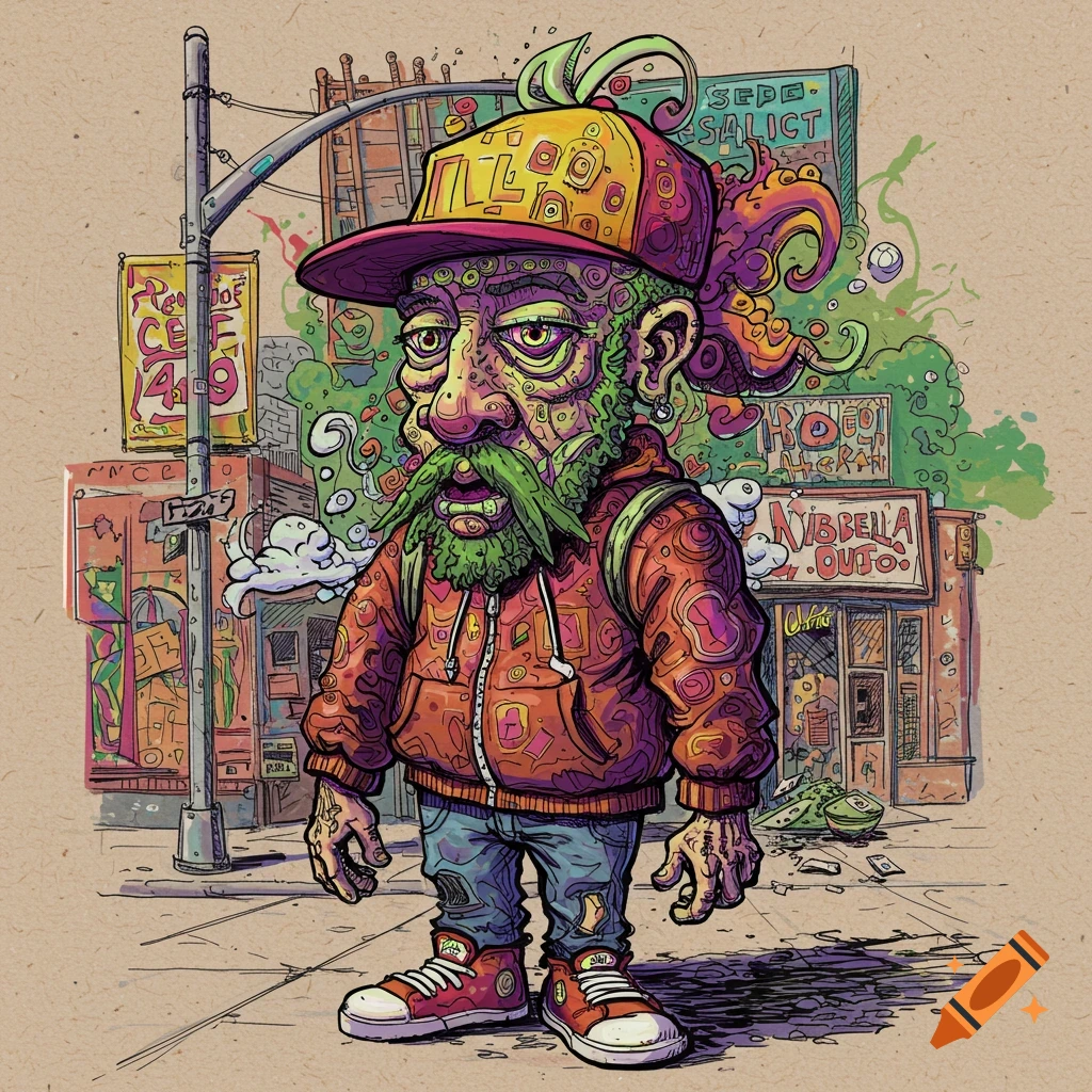 Cartoonish psychedelic street art illustration of a green-skinned man in a hoodie and cap standing on an urban street.