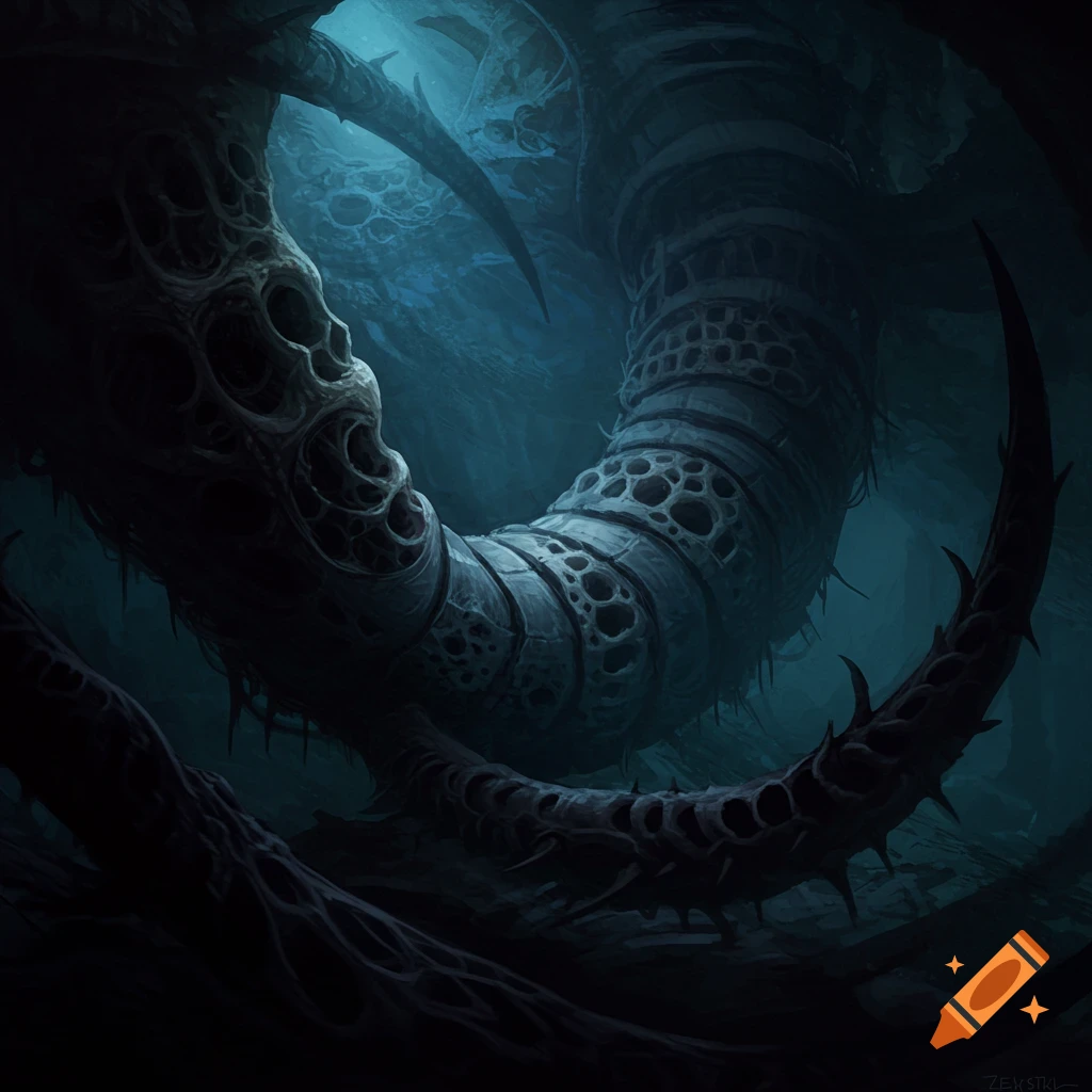 A dark and massive, segmented, spiky organic structure in a dark, blue environment.