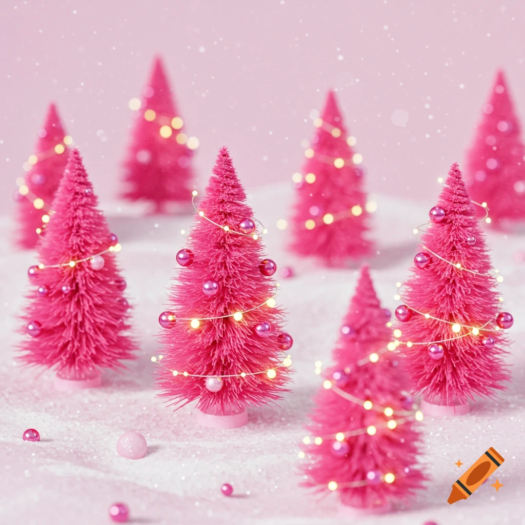 Small pink Christmas trees decorated with lights and ornaments on a snowy surface.