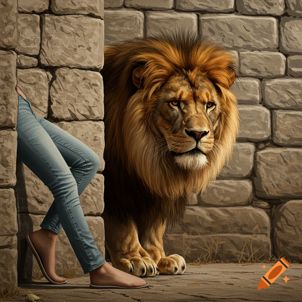 A lion peers around a stone wall next to a person's legs.