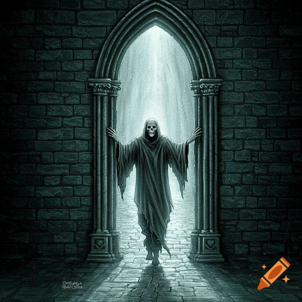 Spectre in a dark gothic archway holding onto the pillars