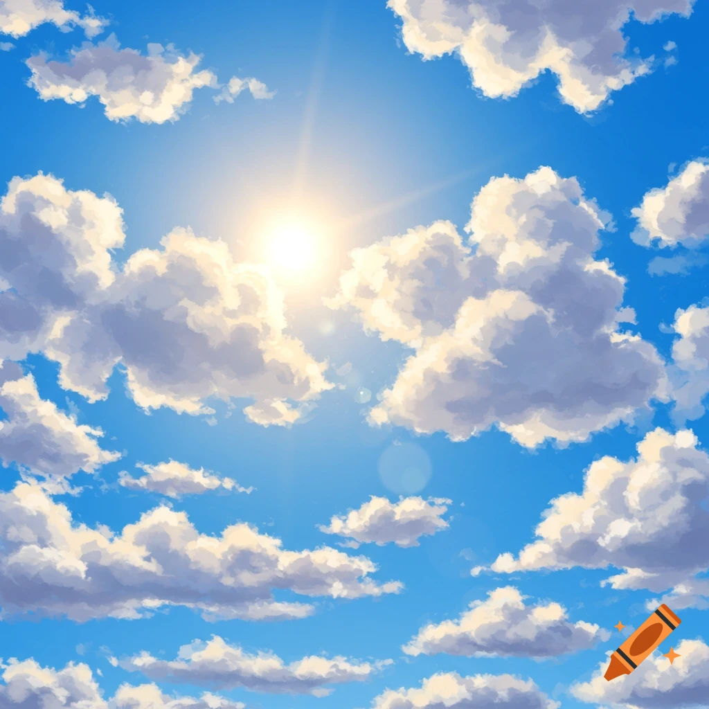 A digitally painted sunny sky with fluffy white clouds.