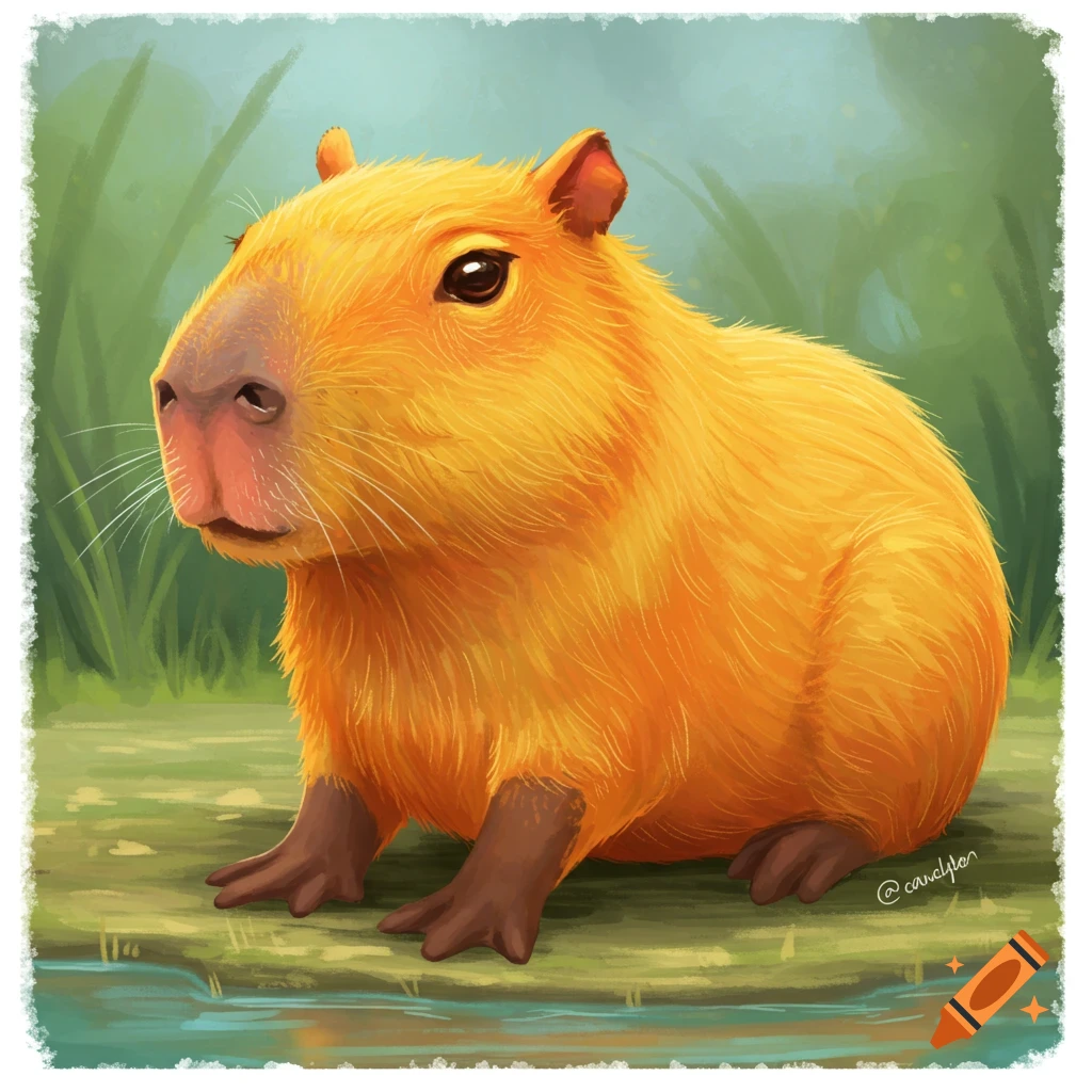 A bright orange capybara sitting by the water.