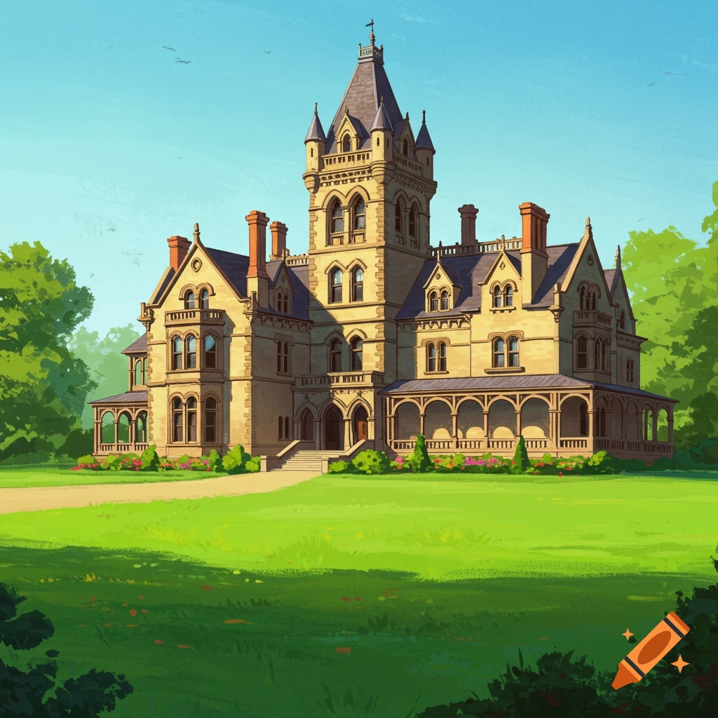 A grand mansion surrounded by green lawns and trees under a clear sky.