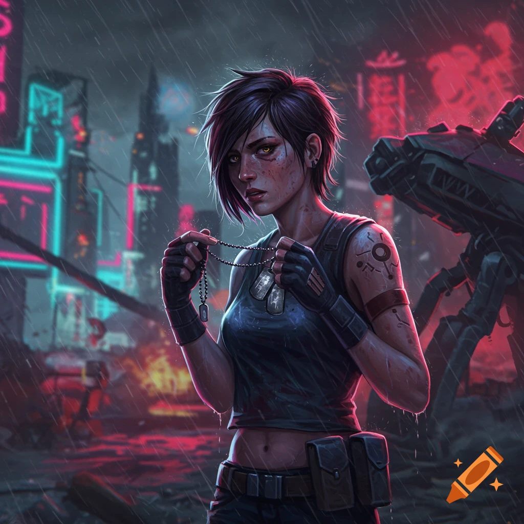 A warrior in a rainy cyberpunk city holding dog tags.