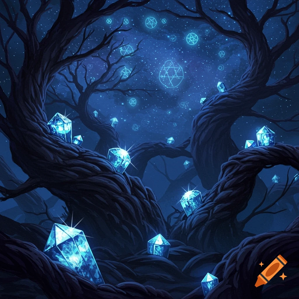Glowing blue crystals on twisted trees in a dark forest with geometric symbols in the starry night sky.