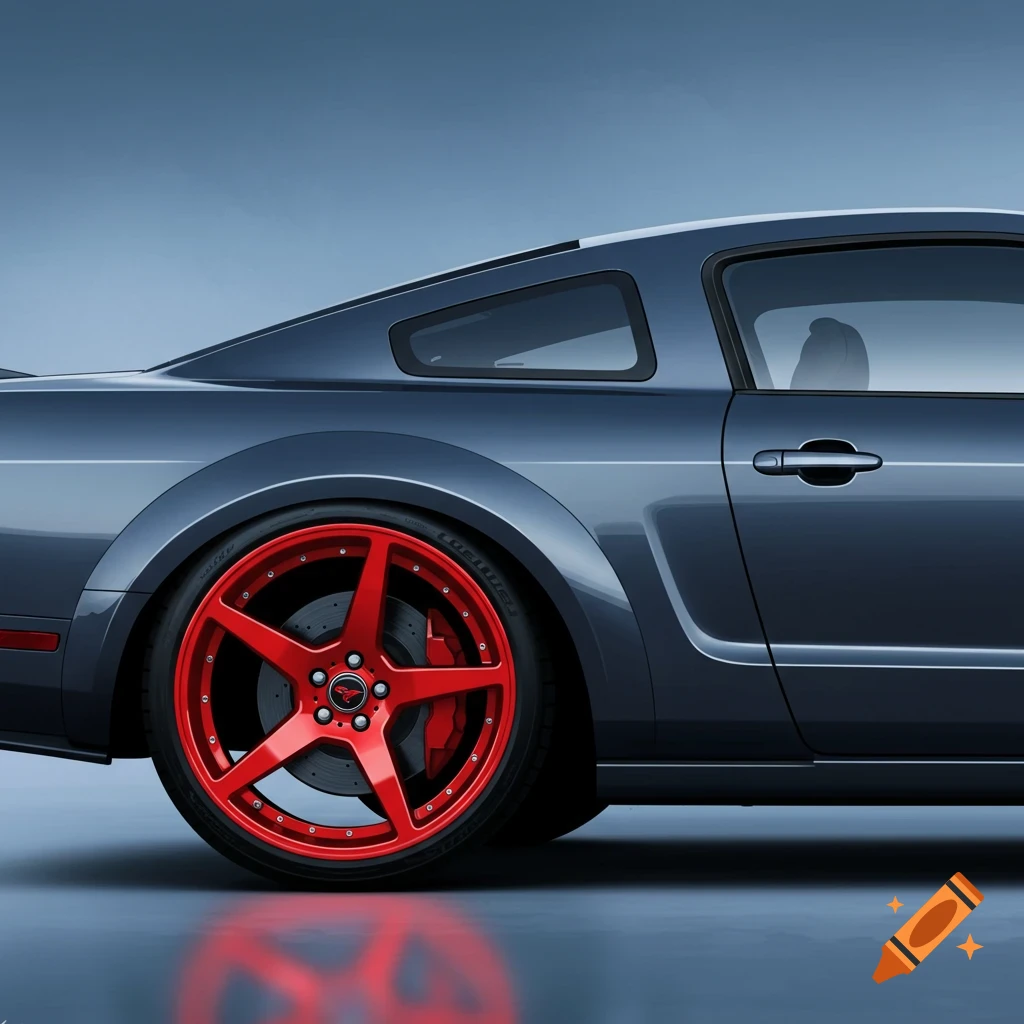 A gray 2005 Mustang is shown from the side with large red rims.