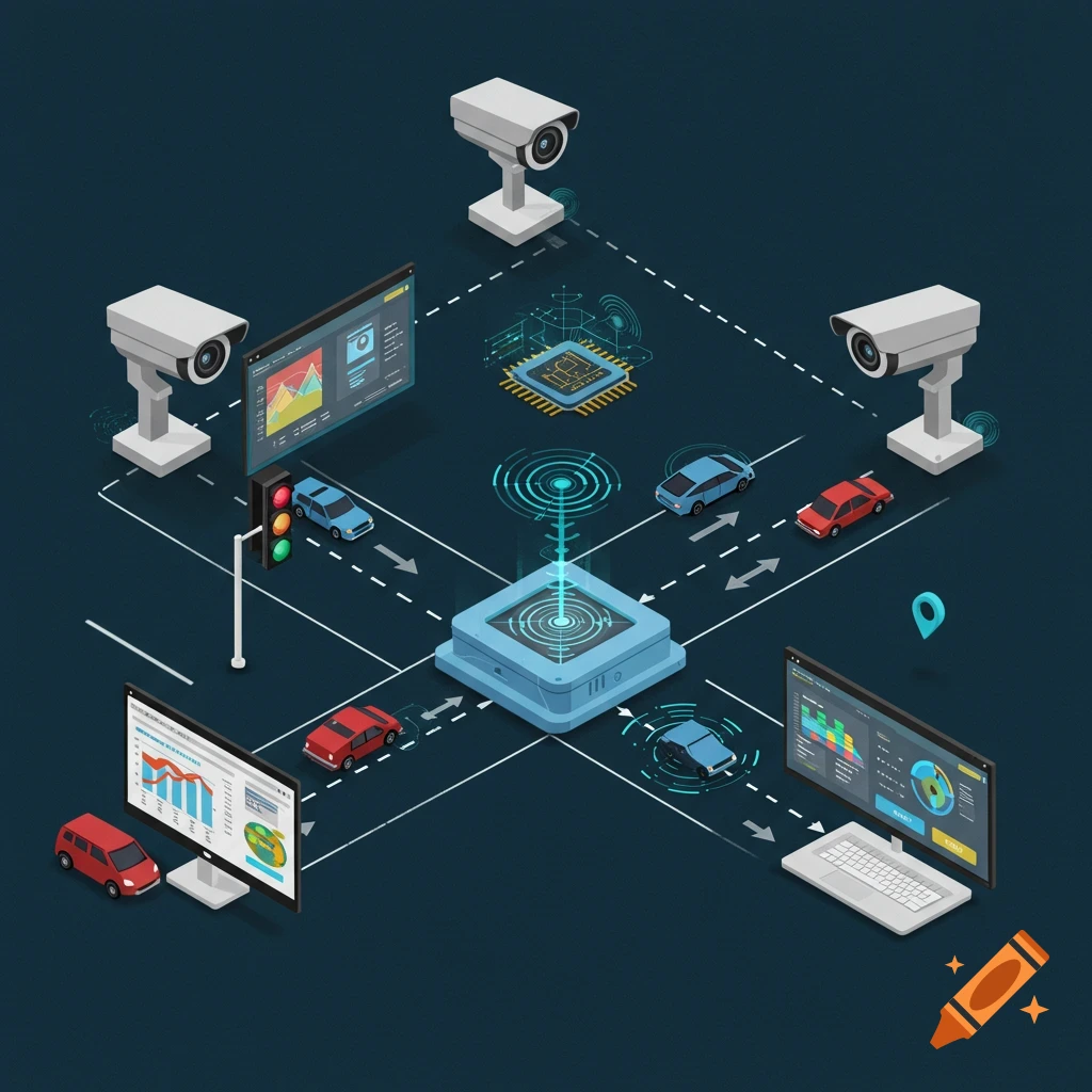 Isometric illustration of a machine learning traffic surveillance system with cameras, sensors, cars, and data screens.