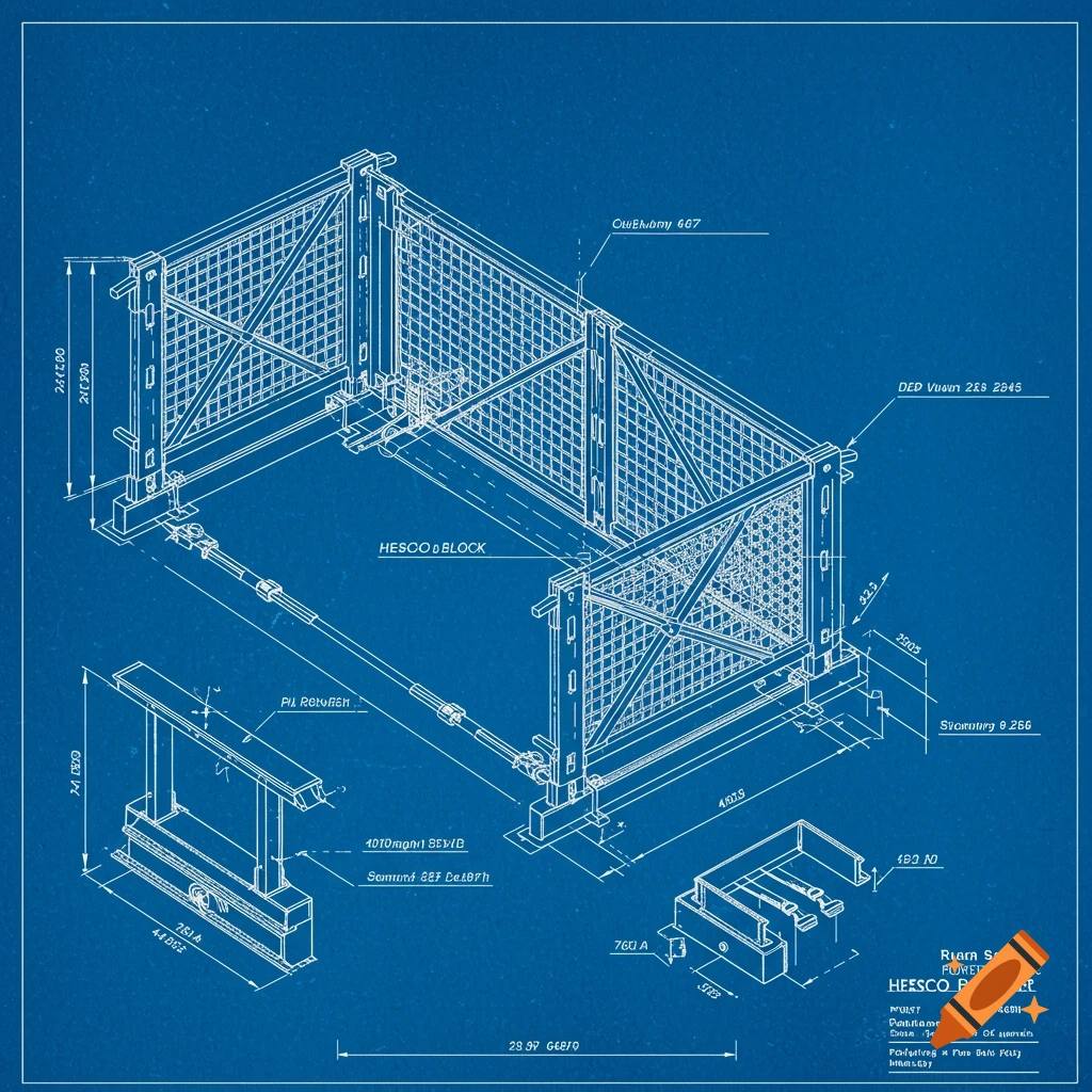 Blueprint of a HESCO block on a blue background with white lines and text.