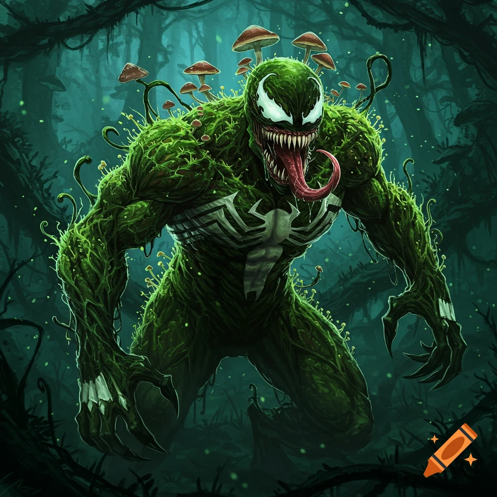 A green, fungus-covered Venom creature in a dark forest.