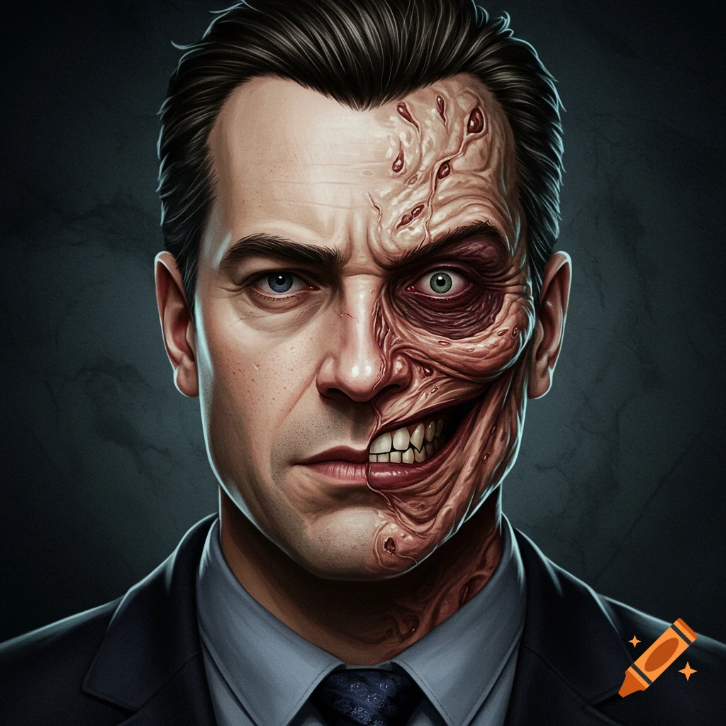 Portrait of a man with a face split vertically, one side normal, the other severely burned and disfigured.