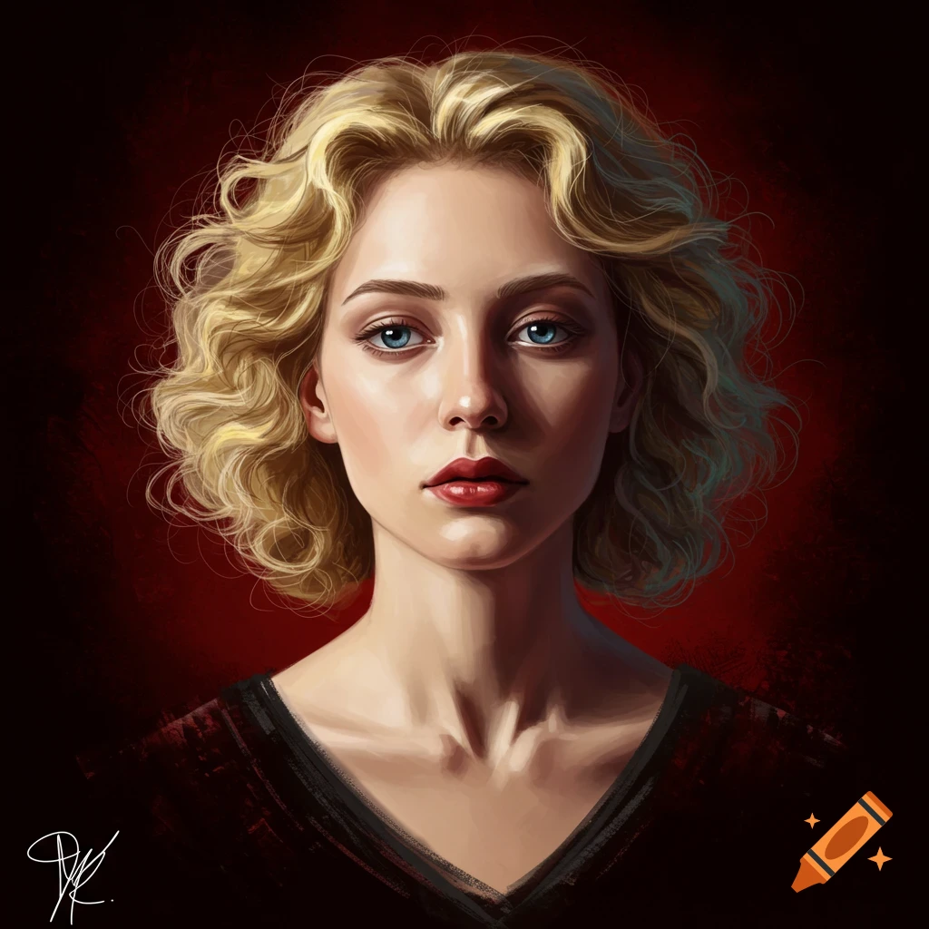 A young woman with curly blonde hair and blue eyes.