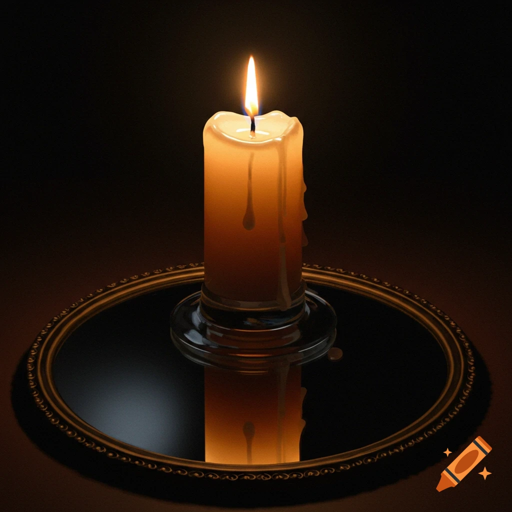 Lit candle on a round mirror reflecting the flame and wax drips